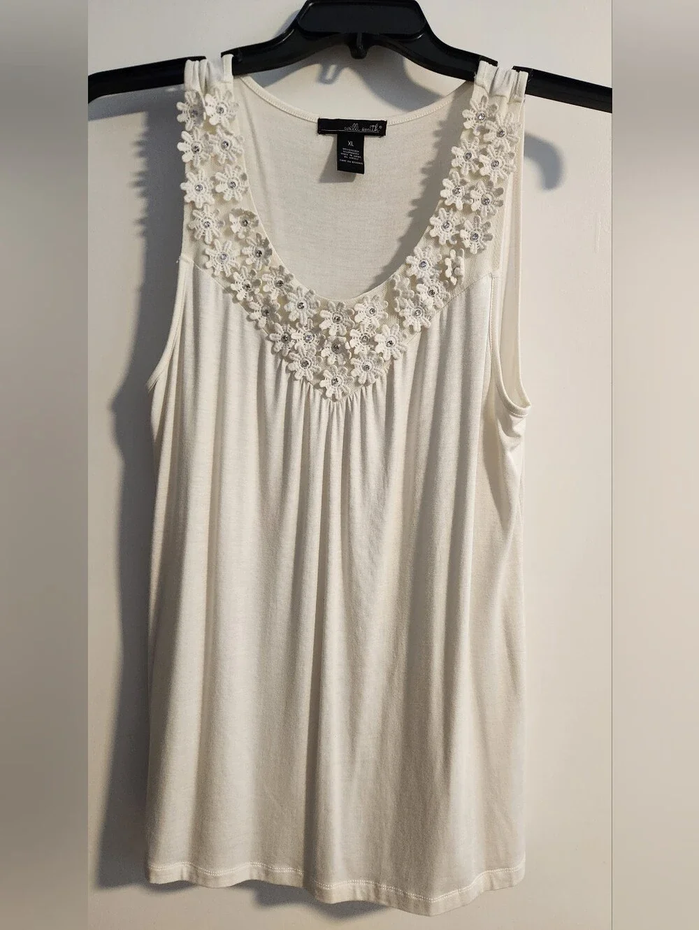 Cream Sleeveless Tank with Floral Lace Trim